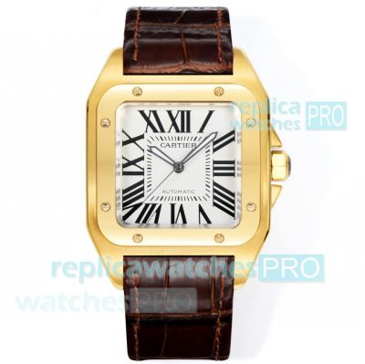 Swiss Copy Cartier Santos 100 Yellow Gold 2824 Watch Brown Leather Strap 